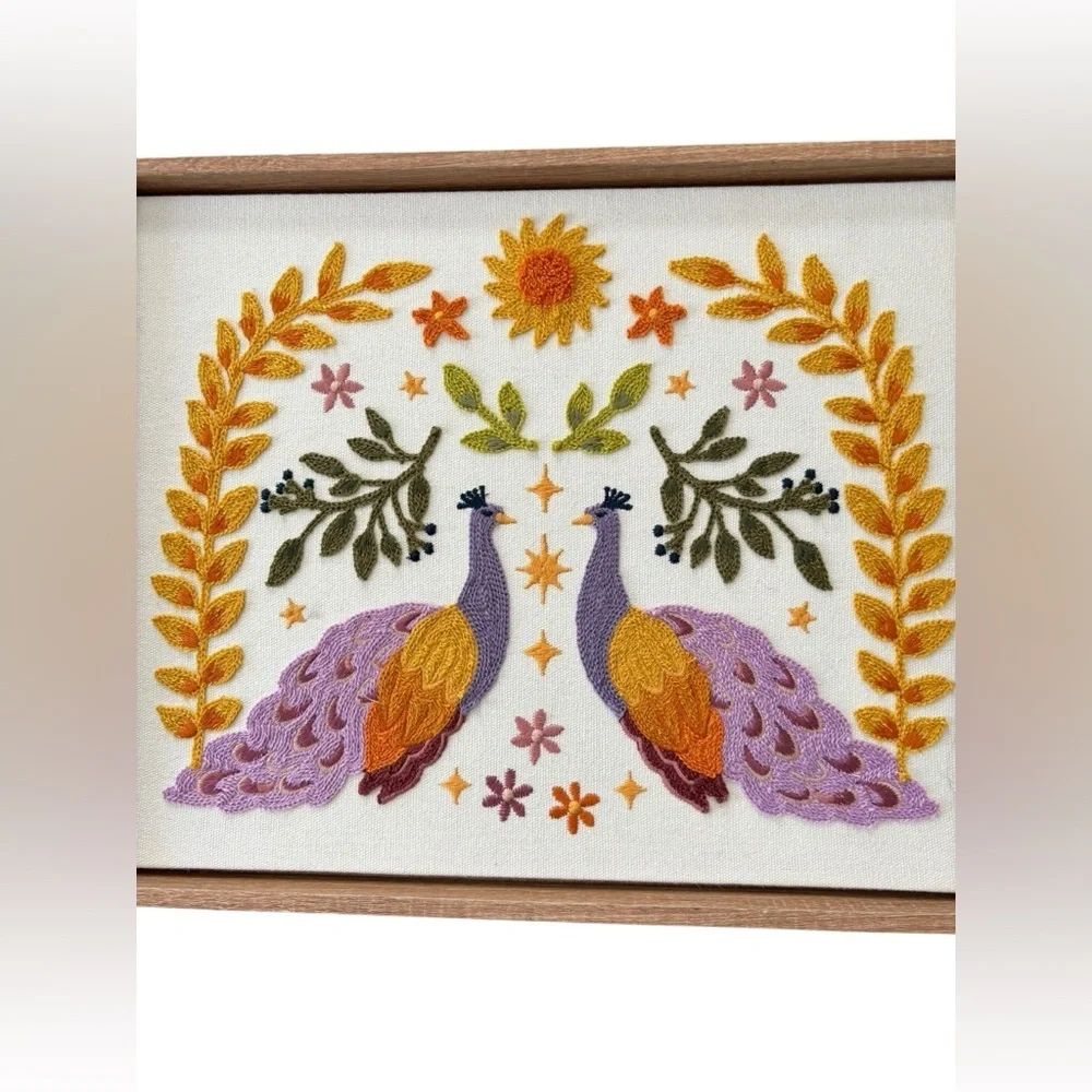 Latin Folk Art Inspired Woven Embroidered Wall Art 12X15 Framed  Peacocks Leaves